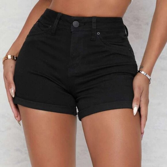 Black Curvy High Waist Denim Shorts - Picture 1 of 6